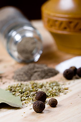 Image showing spices: pepper, salt, bay leaves and herbs