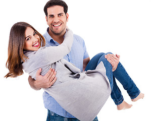 Image showing Cheerful young couple piggybacking