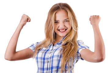 Image showing Women shows her success by raising hands