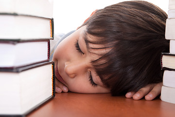 Image showing School boy tired of studying and sleeping with books