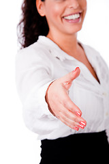 Image showing Business woman welcoming you with an open hand ready to shake