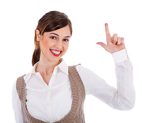 Image showing Beautiful young model raising her hand up and showing two fingers