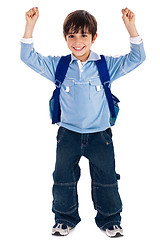 Image showing school boy raising his hands up wearing school bag