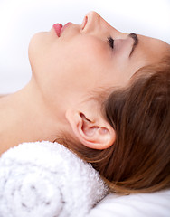 Image showing Close up shot of Sleeping young woman in the spa