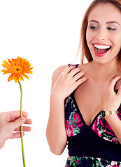 Image showing Beautiful woman excited by geting sun flower