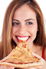 Image showing Close up shot of a smiling woman eating pizza