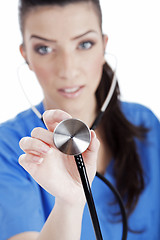 Image showing Closeup shot of female nurse with Stethoscope, focus on Stethoscope