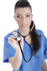 Image showing Blurred image of the nurse holding stethoscope