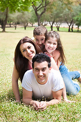 Image showing Happy family lying in the grass field in park