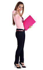 Image showing Full length of pretty female student showing thumbsup