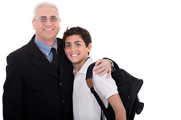 Image showing Close up shot of old business man embraces a teenager