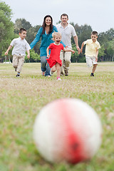 Image showing Happy family of five having outdoors and playing soccer
