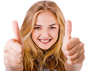 Image showing Closeup of women showing thumbs up in both hands