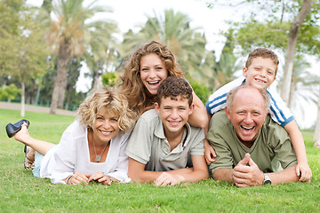 Image showing Multi-generation family relaxing in park