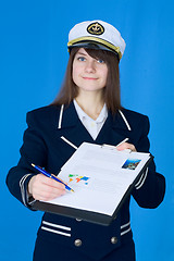 Image showing Girl in sea uniform with tablet