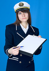 Image showing Woman in sea uniform with tablet