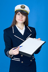 Image showing Woman in sea uniform with tablet