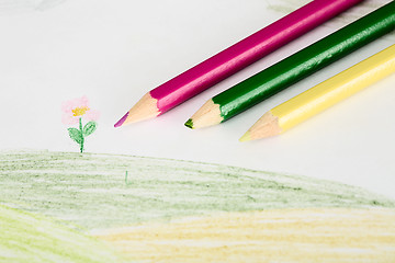 Image showing Children's drawing and pencils