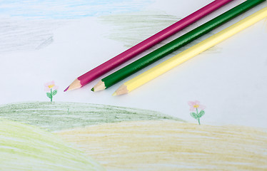 Image showing Children's drawing and pencils