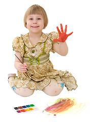 Image showing Little girl drawing of water-colore