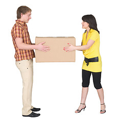 Image showing Guy and the girl divide big box