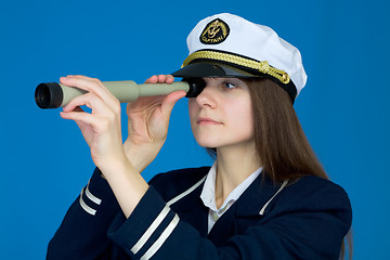 Image showing Portrait of the girl - captain with telescope