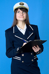 Image showing Girl in sea uniform with tablet