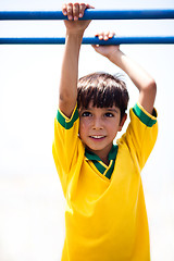 Image showing Young boy hanging on jungle gym