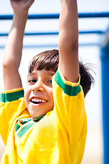 Image showing Young kid hanging on jungle gym