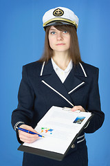 Image showing Girl in sea uniform with tablet