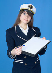 Image showing Woman in sea uniform with tablet