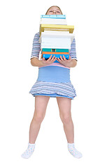 Image showing Girl with the big pile of books