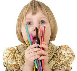 Image showing Little girl with crayons