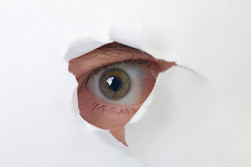 Image showing Human eye looking through a hole in paper