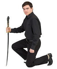 Image showing Man in black with the japanese sword in a hand