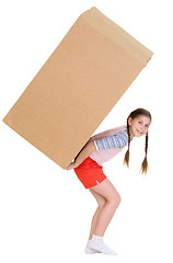 Image showing Girl holding heavy cardboard box