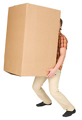 Image showing Young man bears the big box on a back