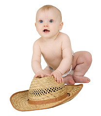 Image showing Baby on a white background with straw hat