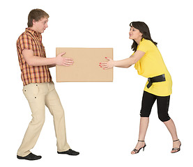 Image showing Guy and the girl divide big box