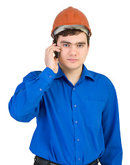 Image showing Man in a helmet speaks on the phone