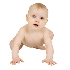 Image showing Happy baby crawls on a white