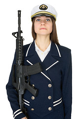 Image showing Girl in a sea uniform with a rifle