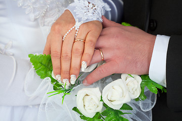 Image showing Hands of a newly-married couple with wedding rings