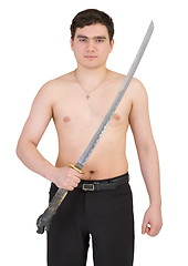 Image showing Guy with katana in hand on white background