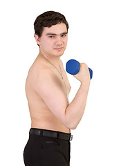 Image showing Young guy with dumb-bell in a hand on white background