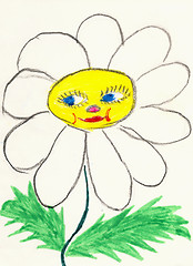 Image showing Naive drawing on paper made the child - chamomile flower with fa