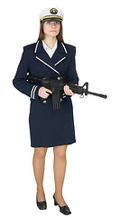 Image showing Girl in uniform of the seaman with rifle in hands