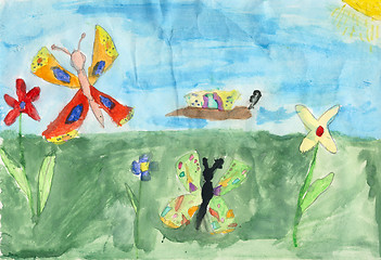 Image showing Children drawing on a paper - butterflys