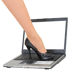 Image showing Female foot on the laptop keyboard - game over