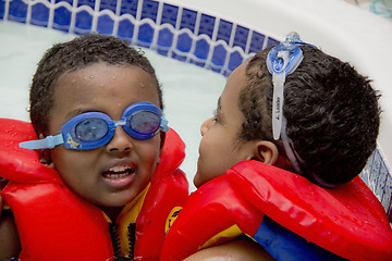 Image showing Two brothers playing in the pool